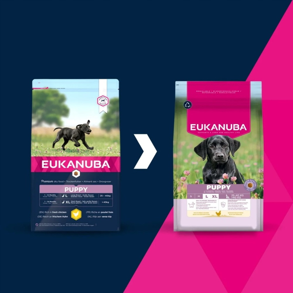 Dwa worki karmy dla szczeniąt Eukanuba, jeden z biegnącym psem, drugi siedzącym.