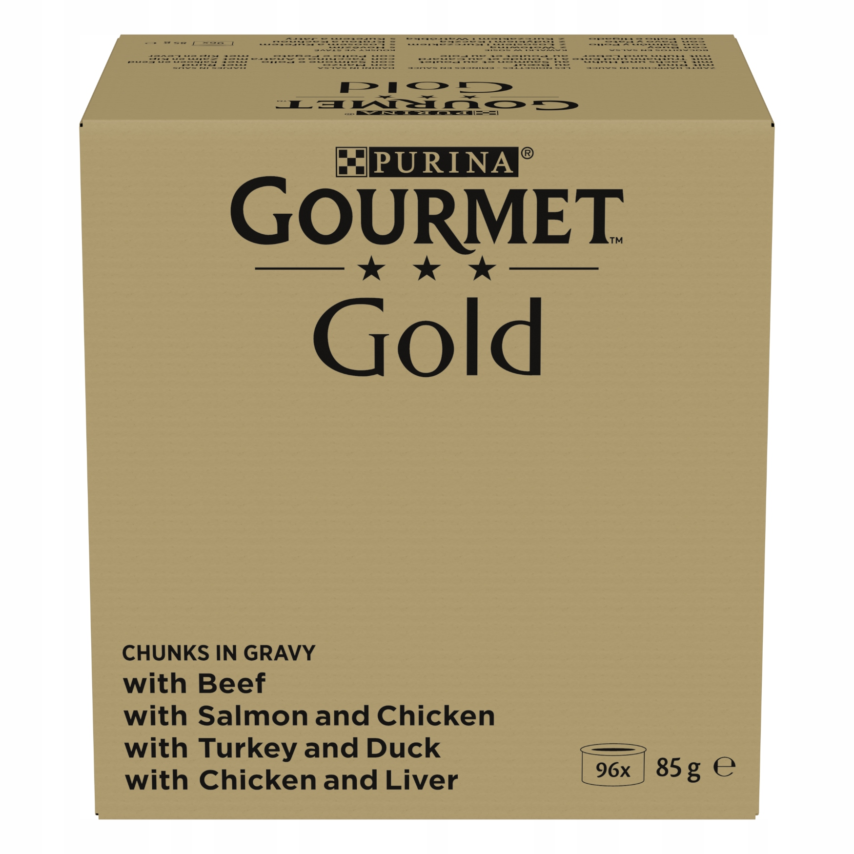Pudełko karmy dla kotów Purina Gourmet Gold z różnymi smakami.