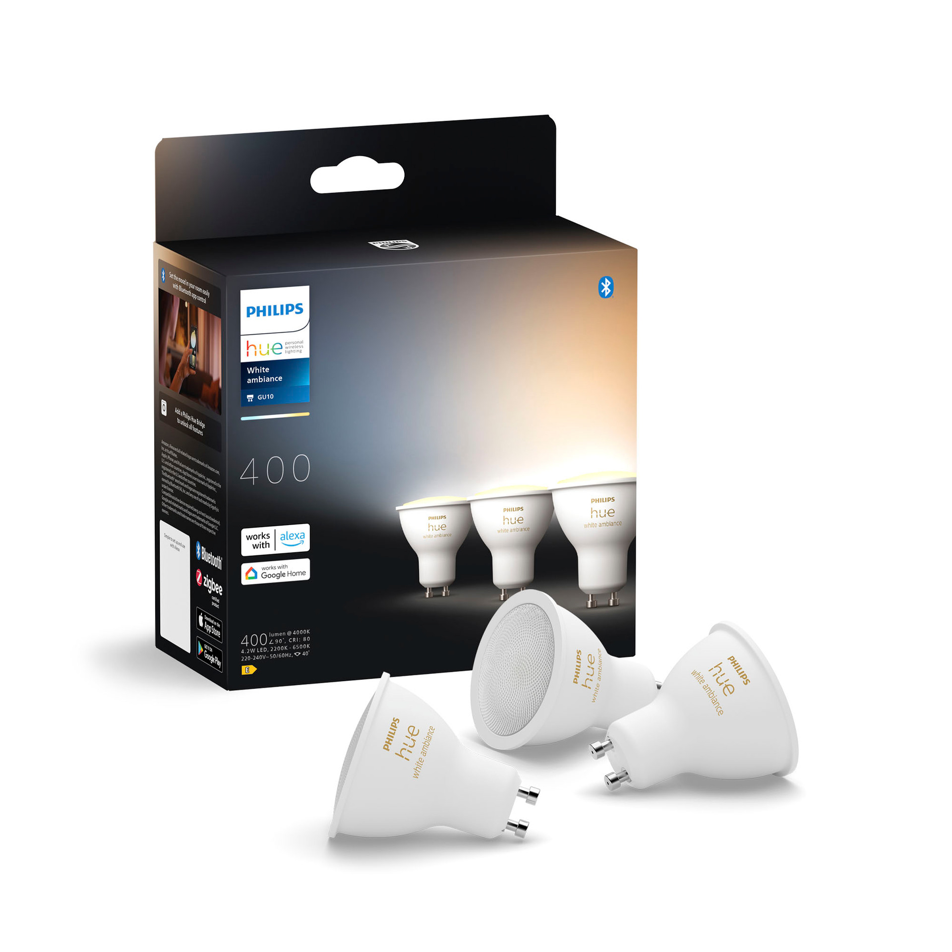 Żarówki Philips Hue White Ambiance GU10 w pudełku i trzy luźne żarówki.
