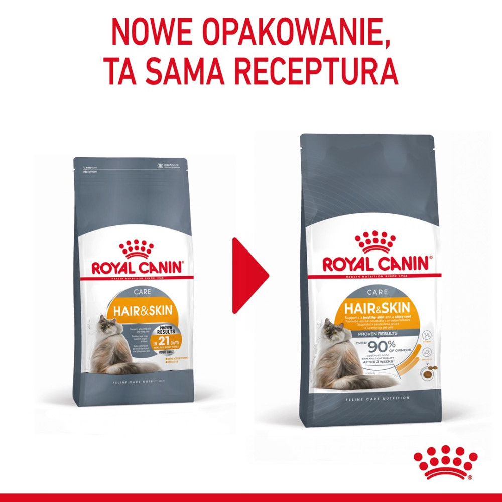 Dwie torby karmy dla kotów Royal Canin Hair & Skin obok siebie.