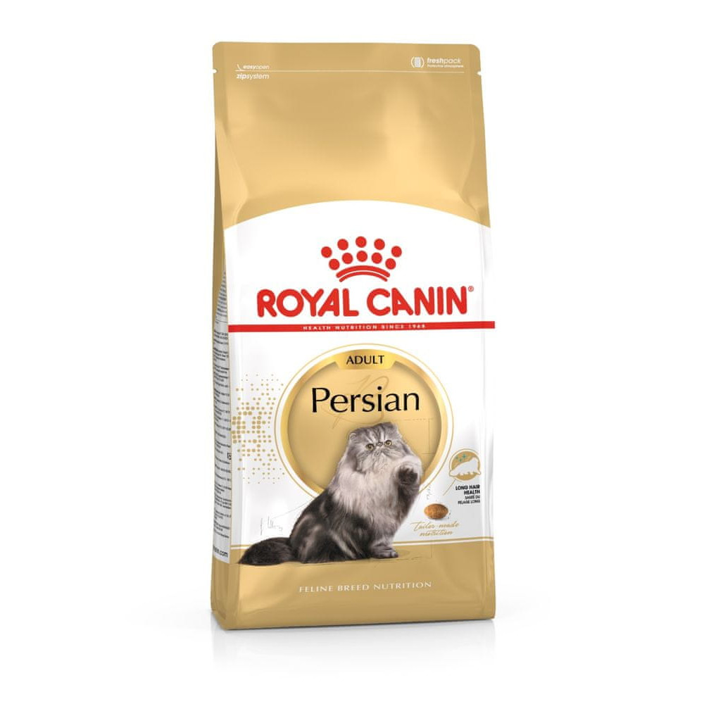 Złota torba z logo Royal Canin, zdjęciem karmy dla kota perskiego i kotem.