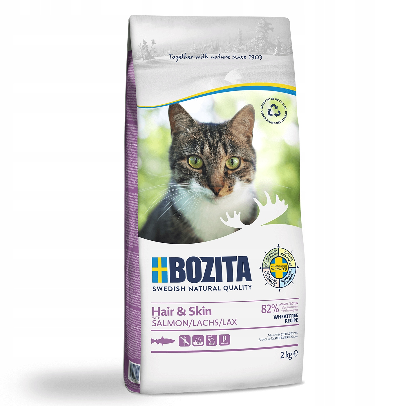 Torba z karmą dla kota, Hair & Skin, 2kg. Zdjęcie kota na górze.