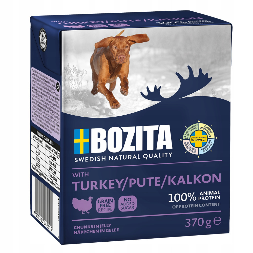 Pudełko karmy dla psów Bozita z psem biegającym w śniegu. Smak indyk/Pute/Kalkon.