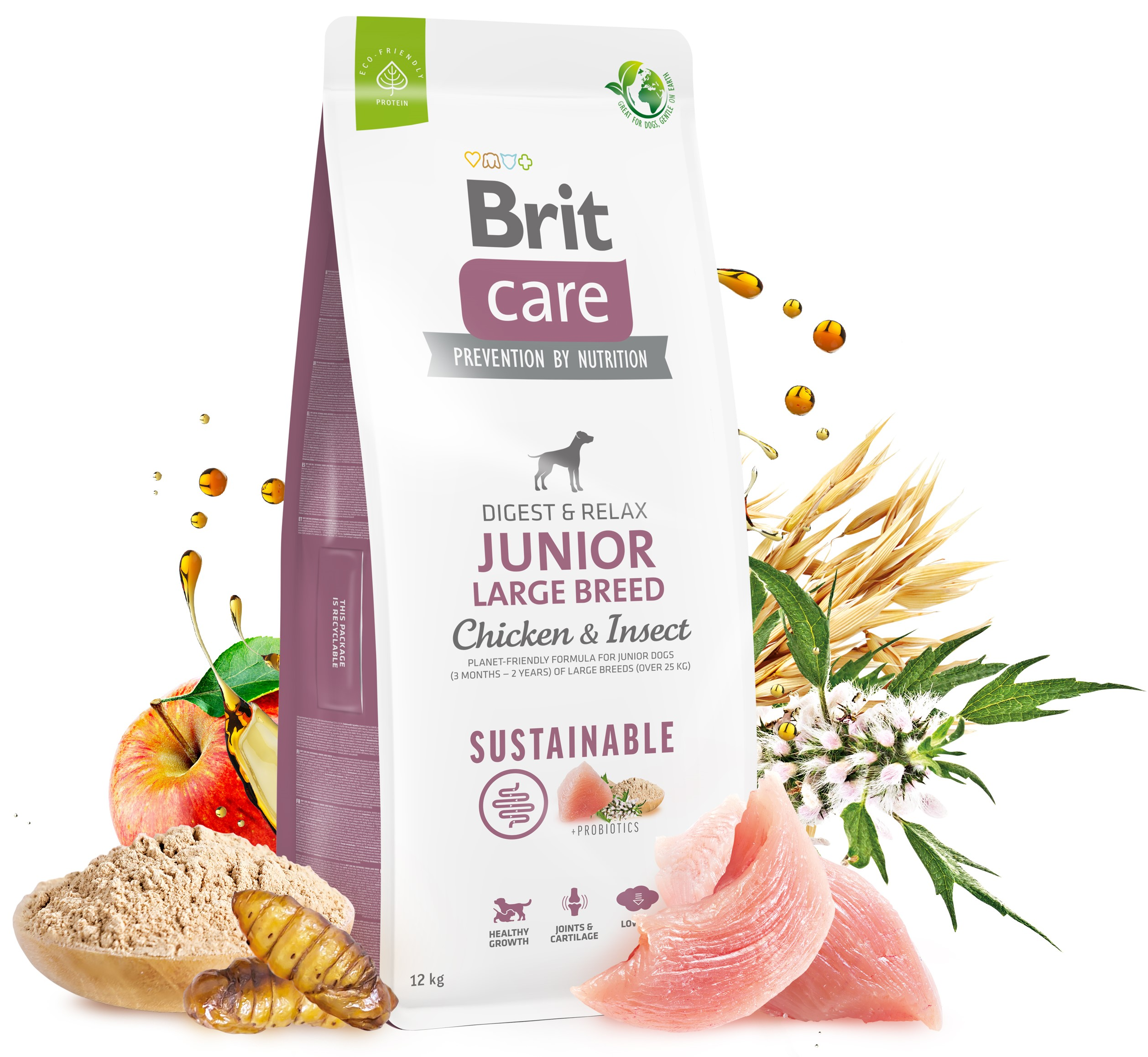 Bolsa de comida Brit Care para perros con pollo, insectos, manzana, avena y probióticos.