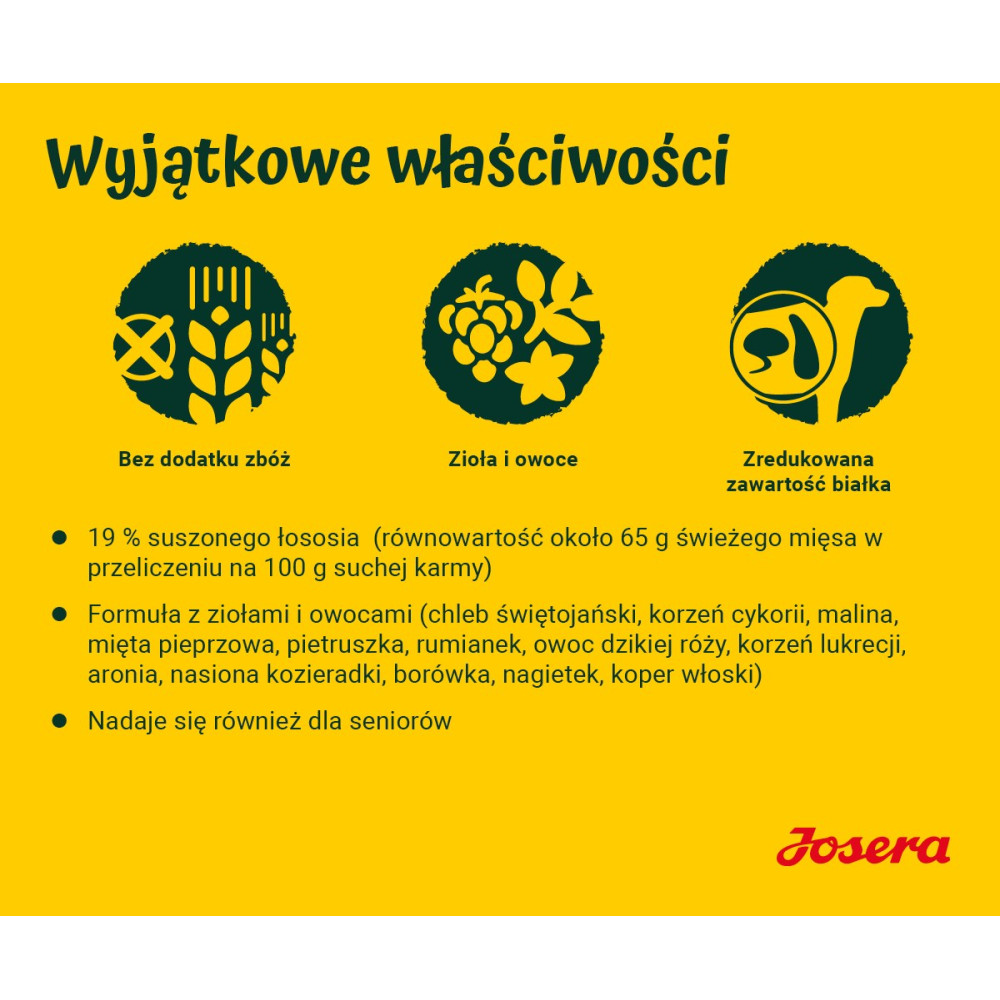 Tres iconos: Sin cereales, hierbas y frutas, contenido proteico reducido.