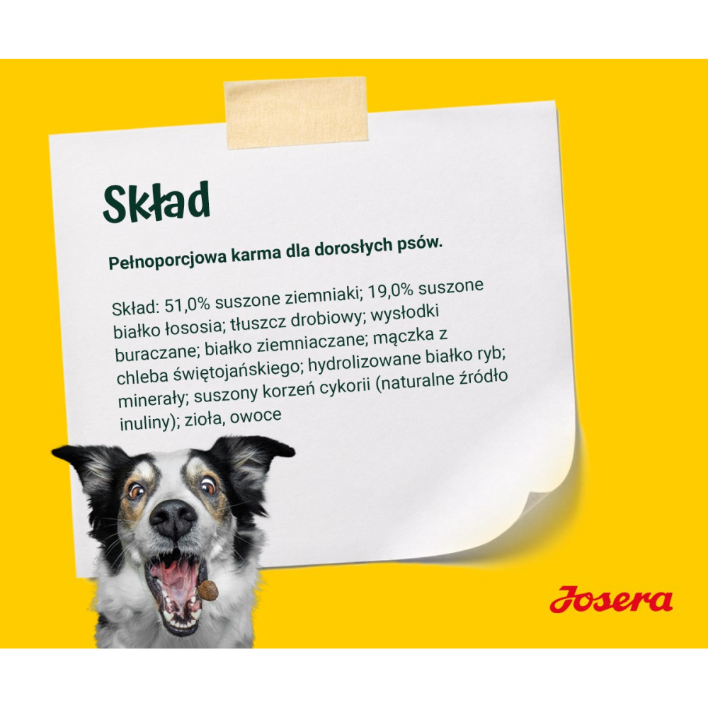 Un perro con el hocico muy abierto delante de una nota con lista de ingredientes para perros.