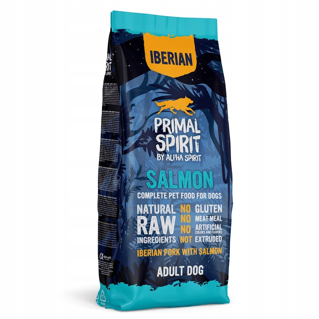 Torba z karmą dla psów z łososiem, wieprzowiną iberyjską, logo "Primal Spirit".