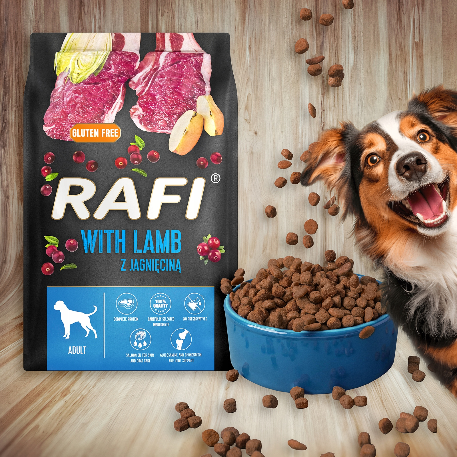 Pies patrzy na miskę z karmą. Obok znajduje się worek karmy dla psów.