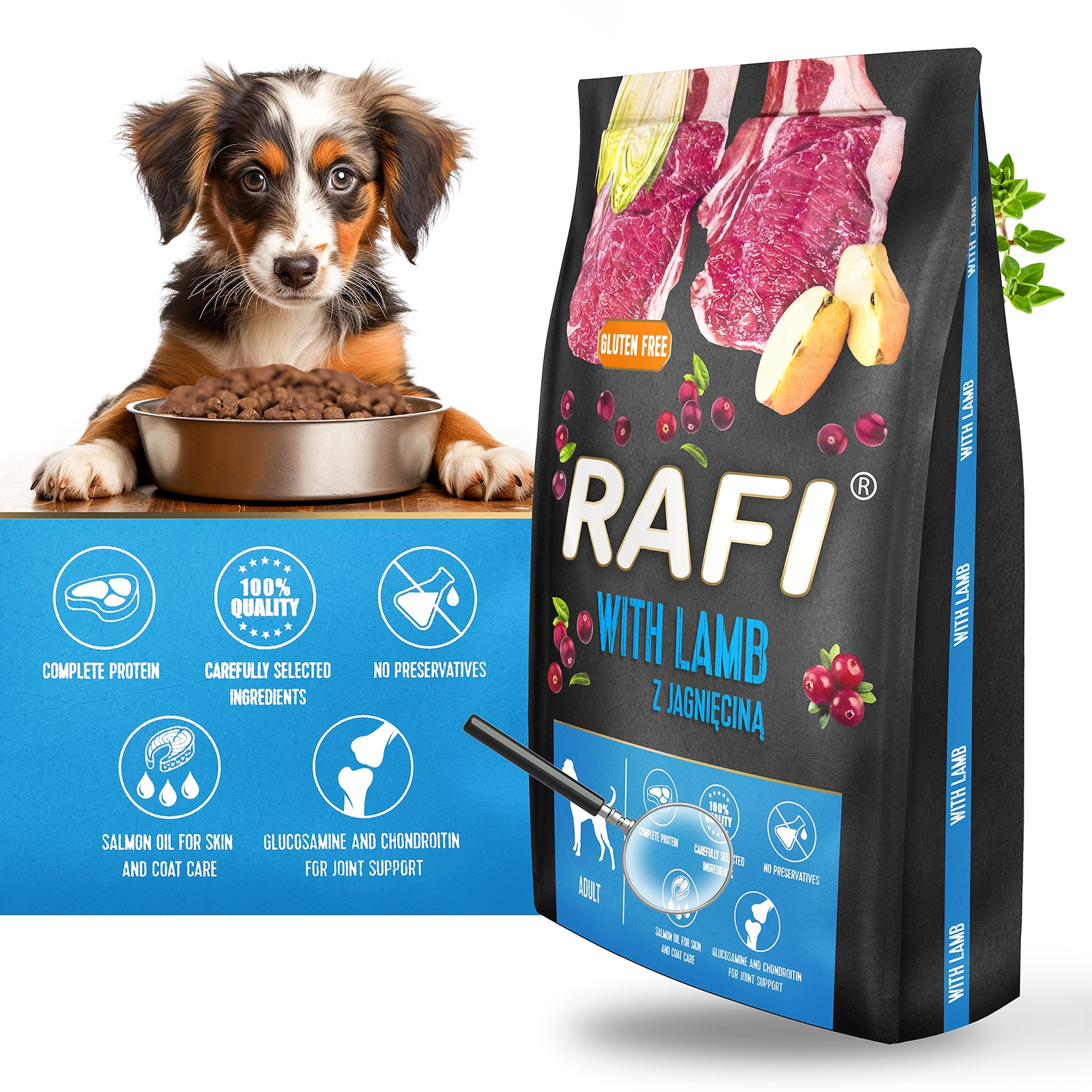 Szczenię patrzy zza miski z jedzeniem obok worka karmy dla psów z jagnięciną.