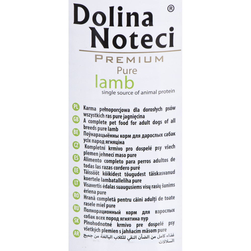 Etykieta karmy dla psów "Dolina Noteci Premium Pure Lamb".