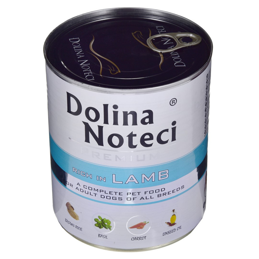 Puszka karmy dla psów Dolina Noteci, bogata w jagnięcinę.
