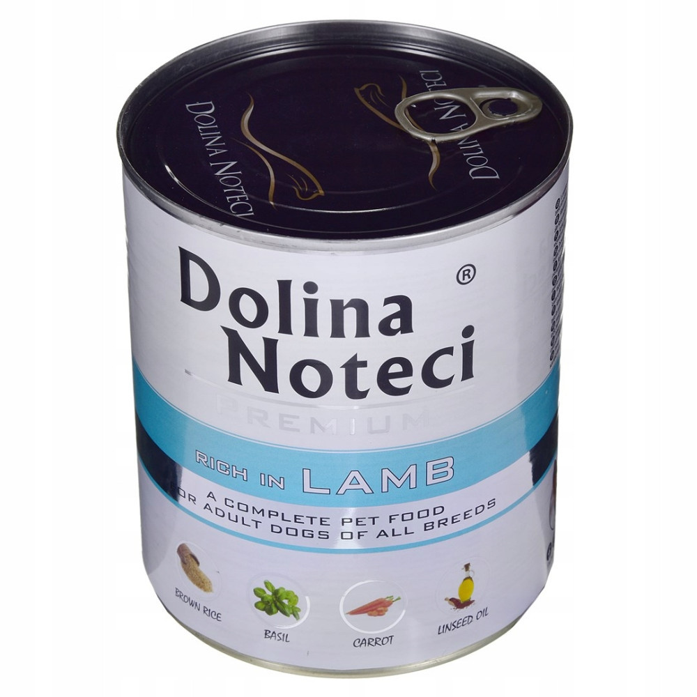 Puszka karmy dla psów Dolina Noteci, bogata w jagnięcinę.