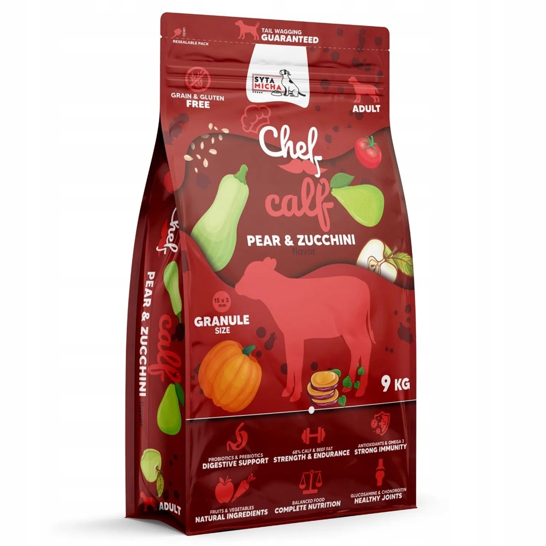 Bolsa de comida para perros sabor ternera, pera y calabacín, 9 kg.
