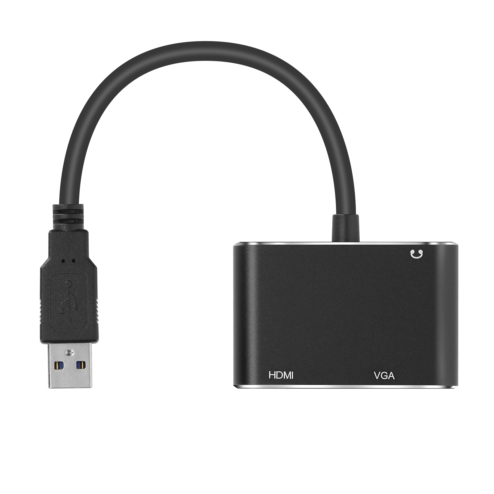 Adattatore HDMI-VGA nero con cavo di alimentazione USB, su sfondo bianco.