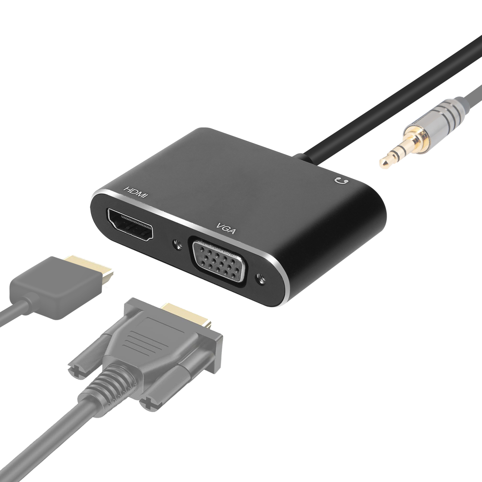 Un adattatore da HDMI a VGA nero con cavi e connettori.