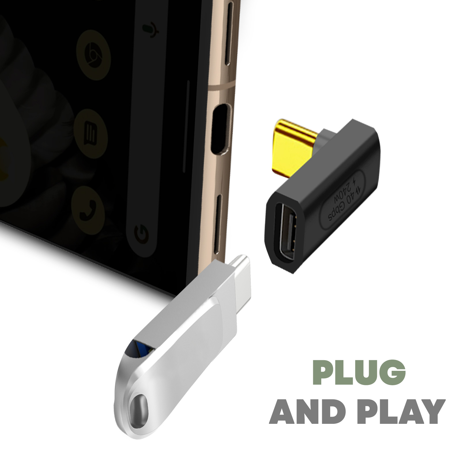 Un'unità USB argentata e un adattatore nero con spina dorata accanto a uno smartphone.