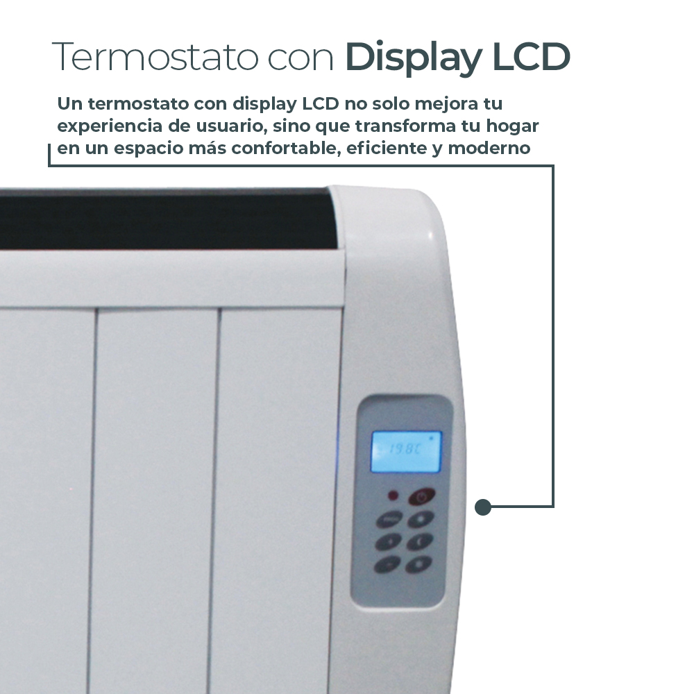Un radiador blanco con pantalla LCD y botones muestra 19,8°C.