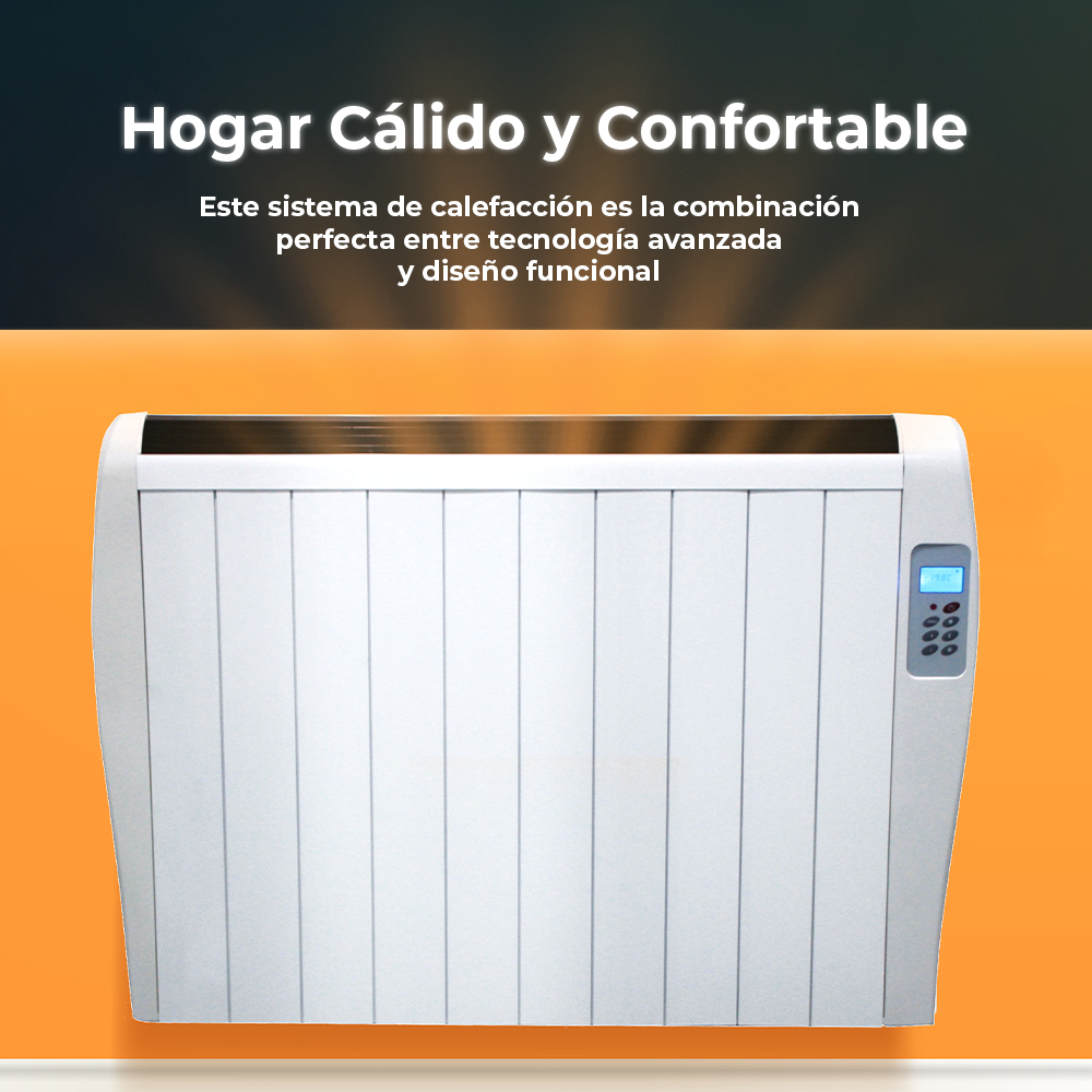 Un radiador blanco con pantalla digital y panel de control, sobre fondo naranja.