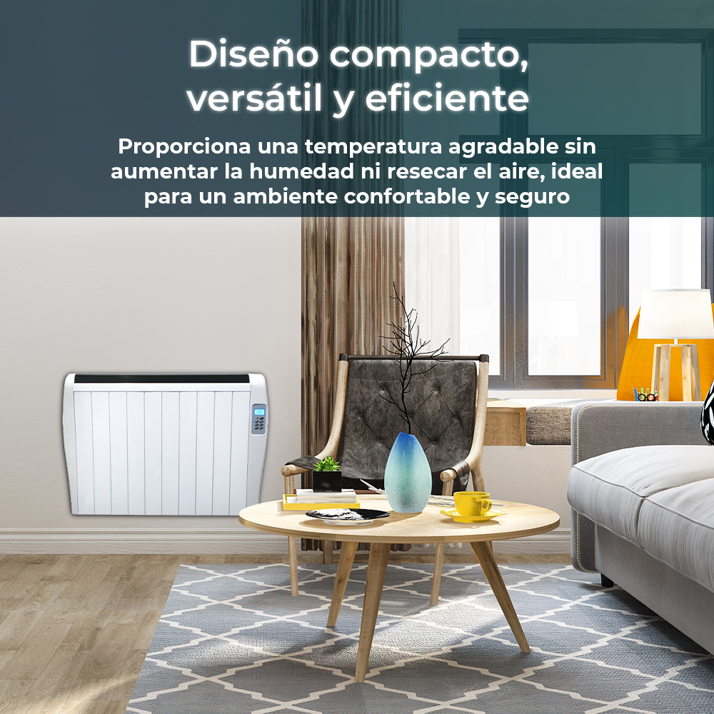 Un radiador eléctrico blanco montado en la pared en una sala de estar.