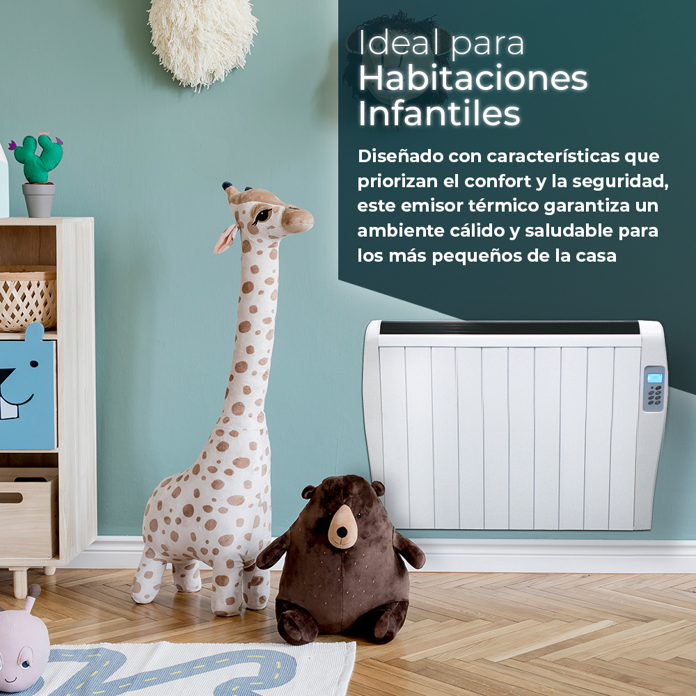 Un radiador junto a juguetes, una jirafa y un oso.