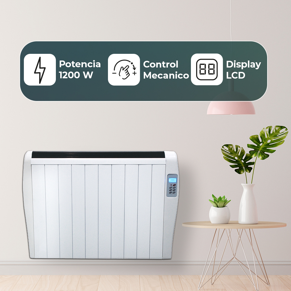 Un radiador blanco con pantalla LCD está en una pared. Al lado, una mesa con plantas.