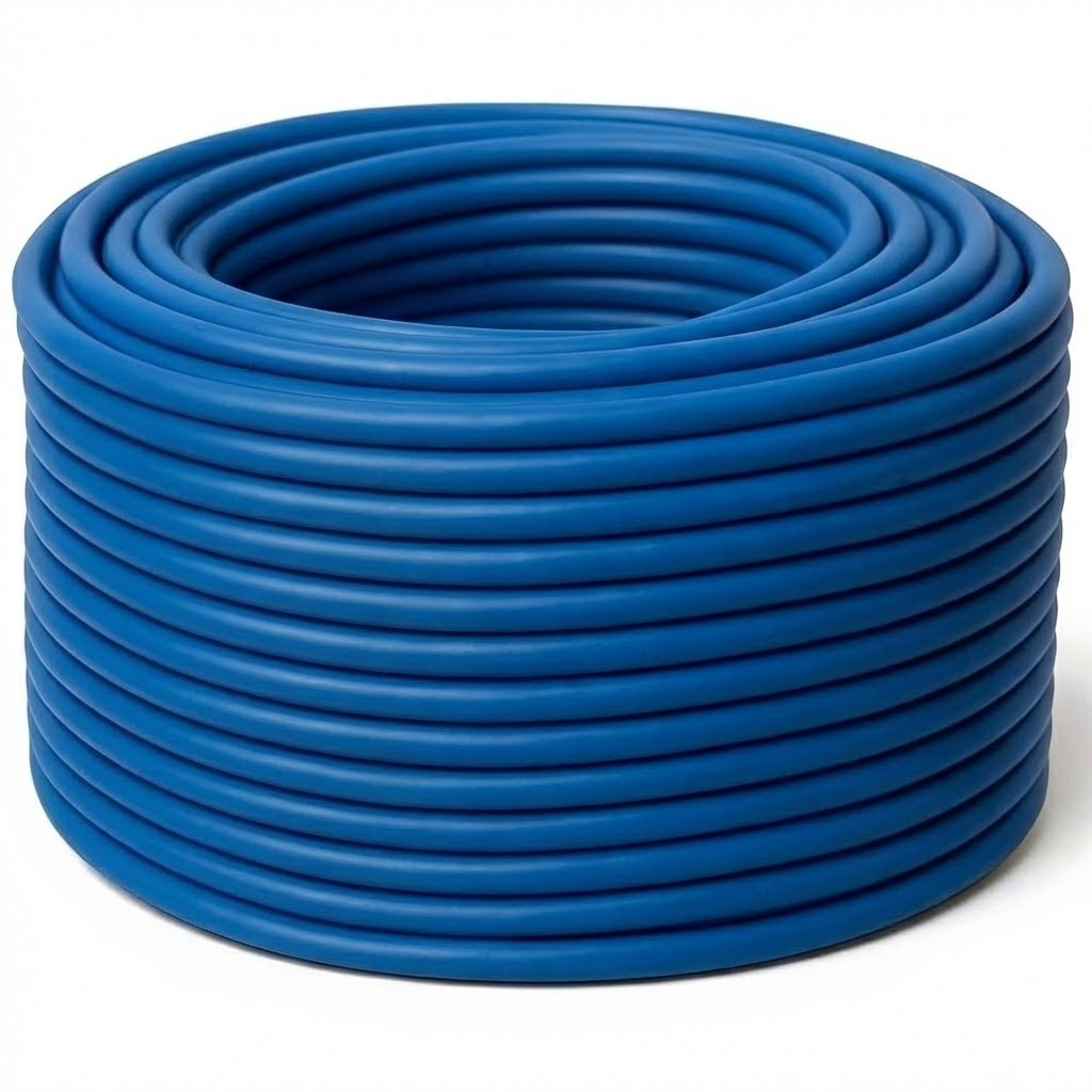 Eine Rolle eines blauen Schlauchs, aufgewickelt auf einem weißen Hintergrund.