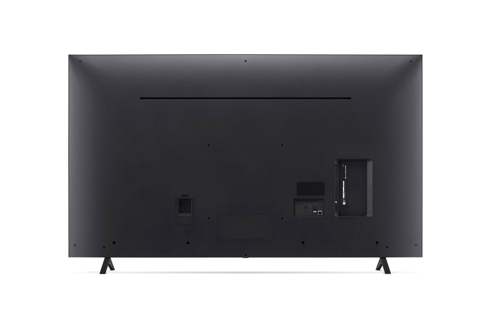 Rückseite eines schwarzen Fernsehers mit Anschlüssen und Standfüßen.