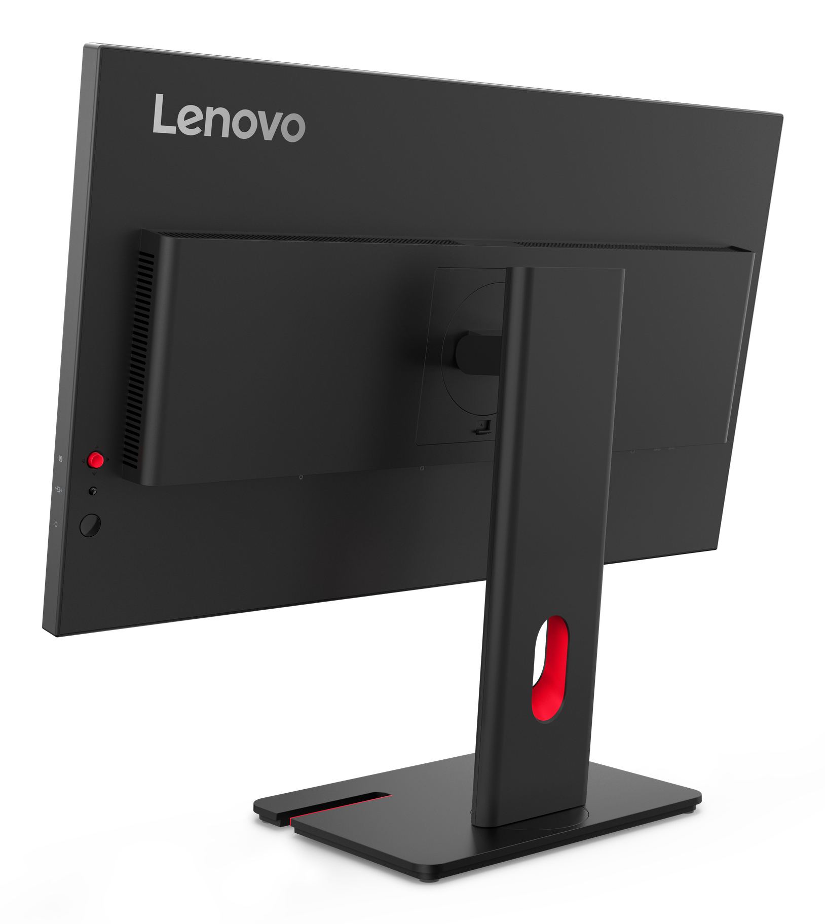 Vista trasera de un monitor Lenovo negro con acento rojo en su soporte.