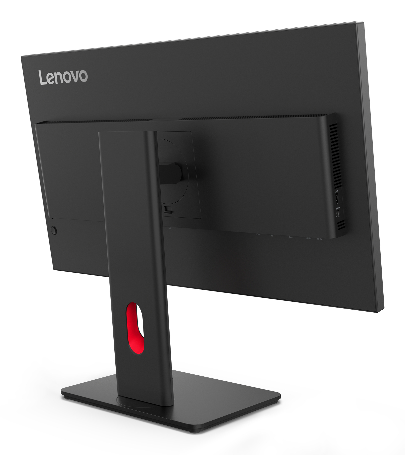 Vista trasera de un monitor Lenovo negro con puertos HDMI, USB y detalle rojo.