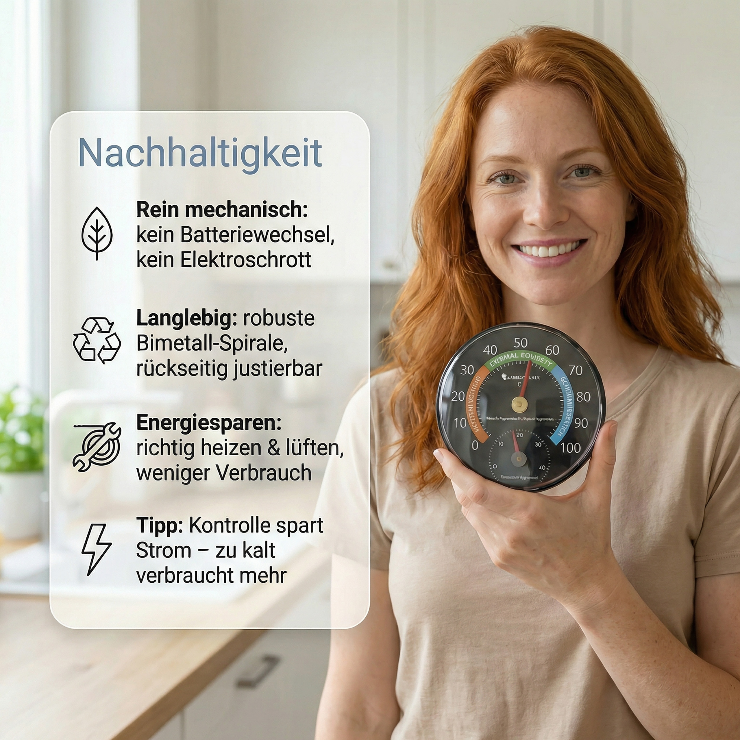 Frau hält ein Hygrometer, das Nachhaltigkeit, Langlebigkeit und Energiesparen bewirbt.