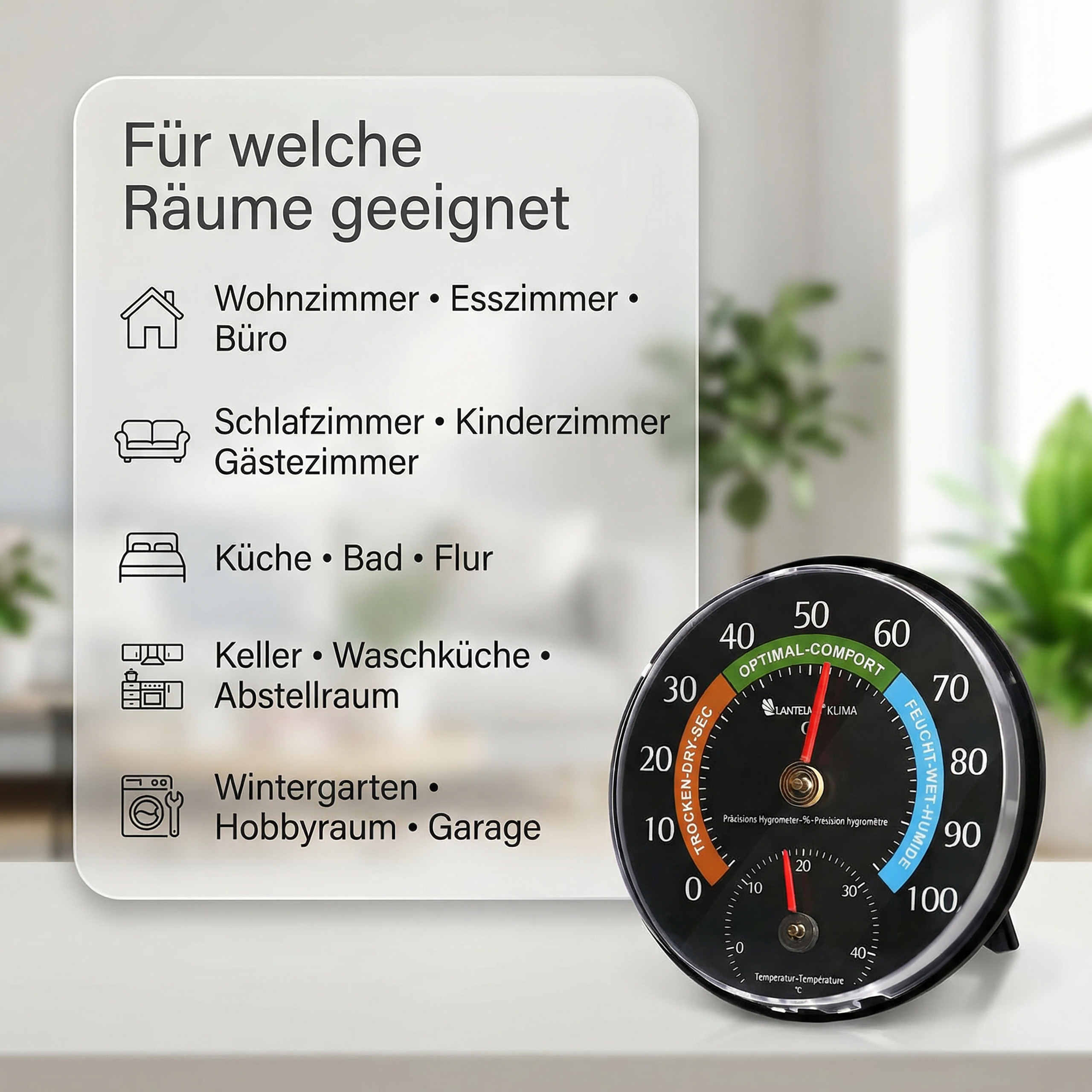 Ein Hygrometer zeigt die Luftfeuchtigkeit an, daneben eine Liste mit Räumen.