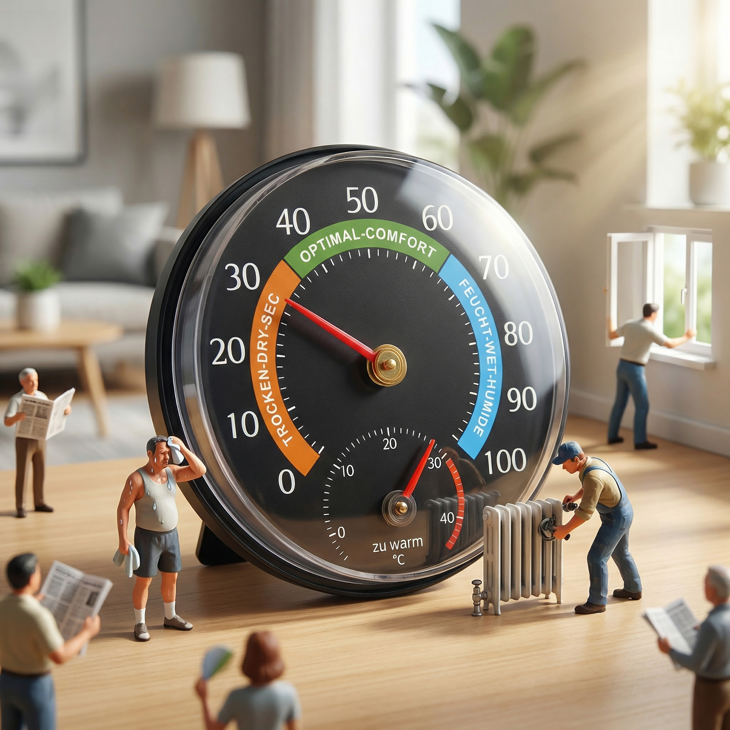 Ein Hygrometer zeigt optimale Luftfeuchtigkeit an. Miniaturfiguren manipulieren Heizkörper und lüften.
