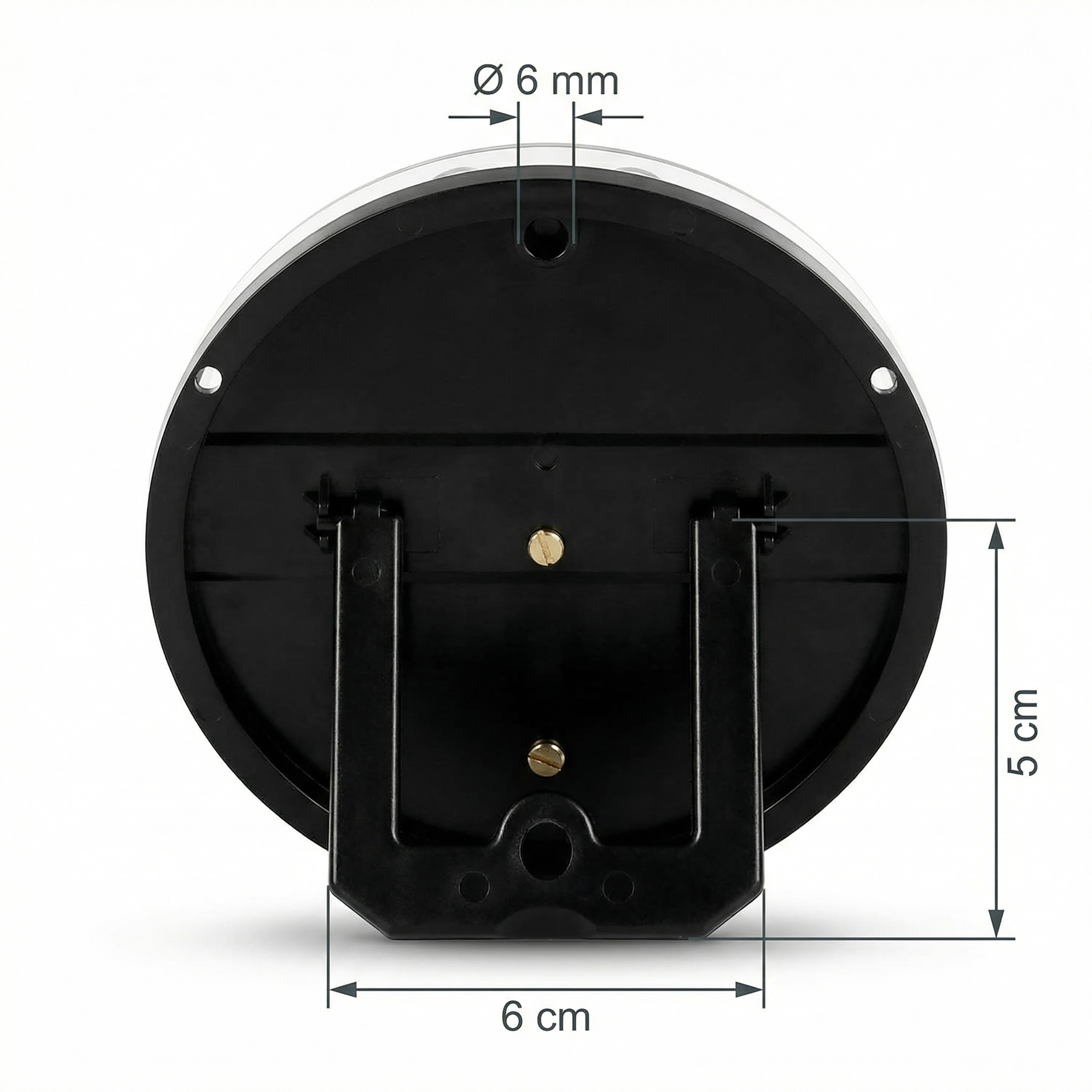 Rückseite einer schwarzen Halterung mit Maßen 6 cm und 5 cm.