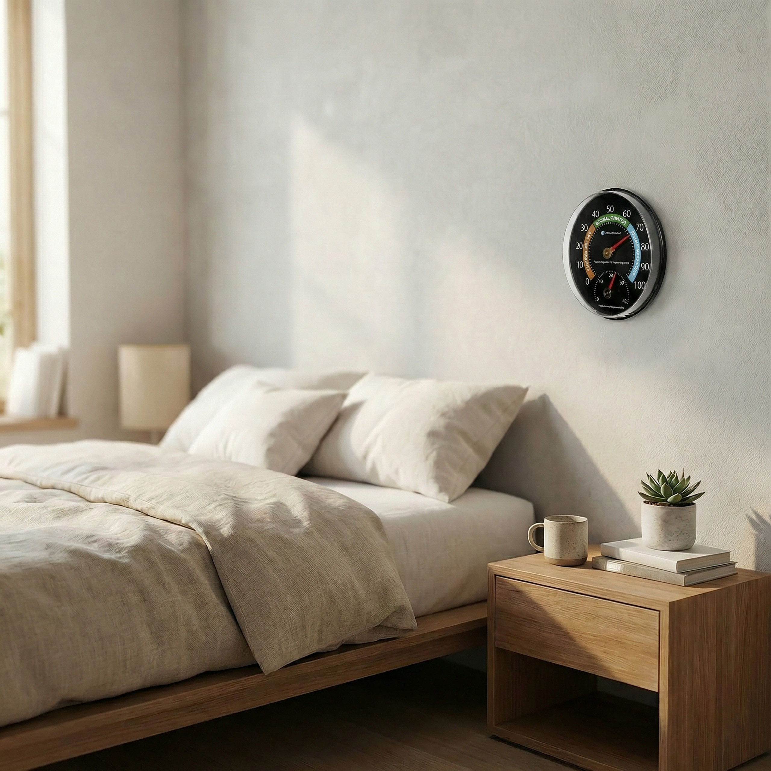 Ein Hygrometer/Thermometer an einer Wand über einem Bett mit Nachttisch.