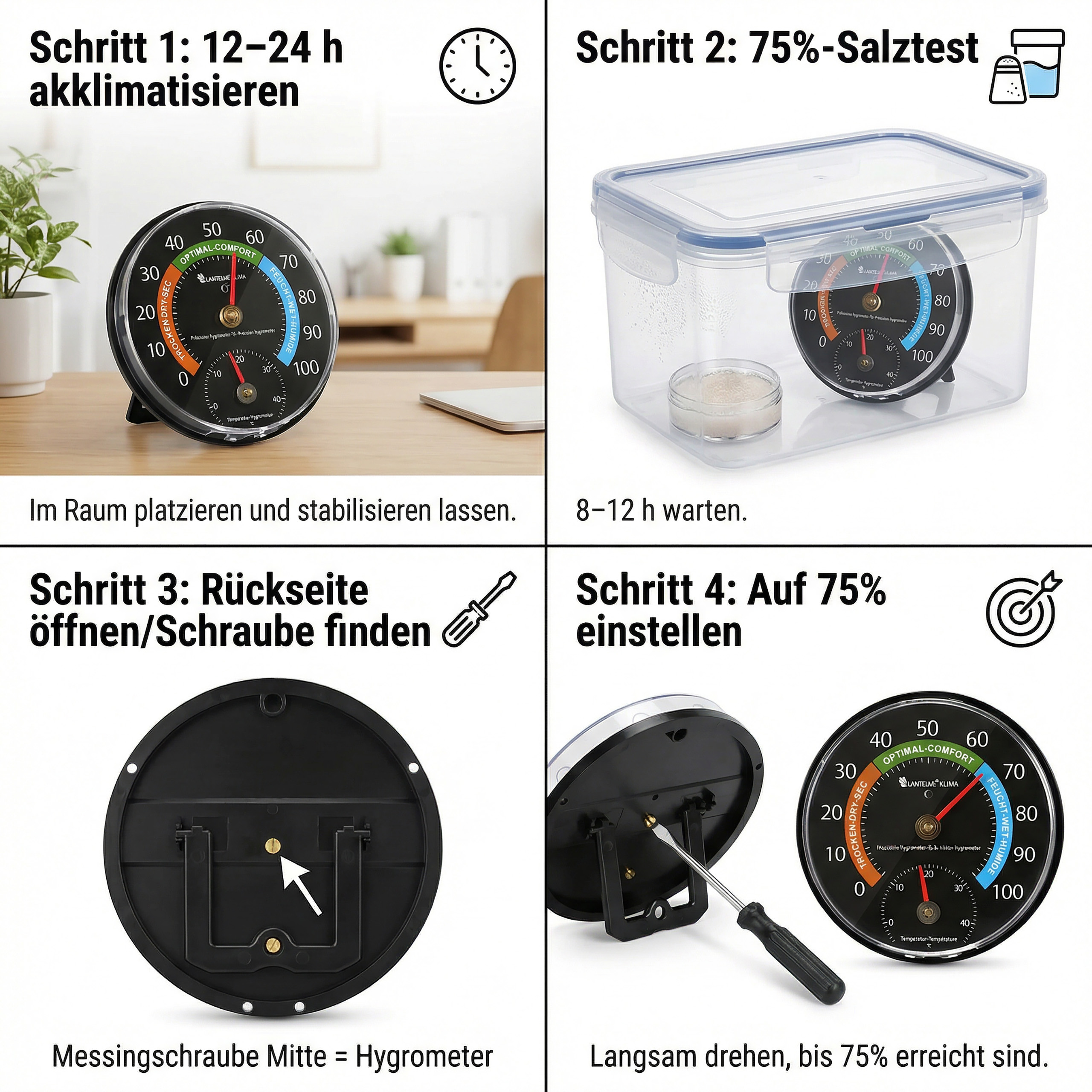 Anleitung für Hygrometer-Kalibrierung: 4 Schritte mit Bildern und Text.