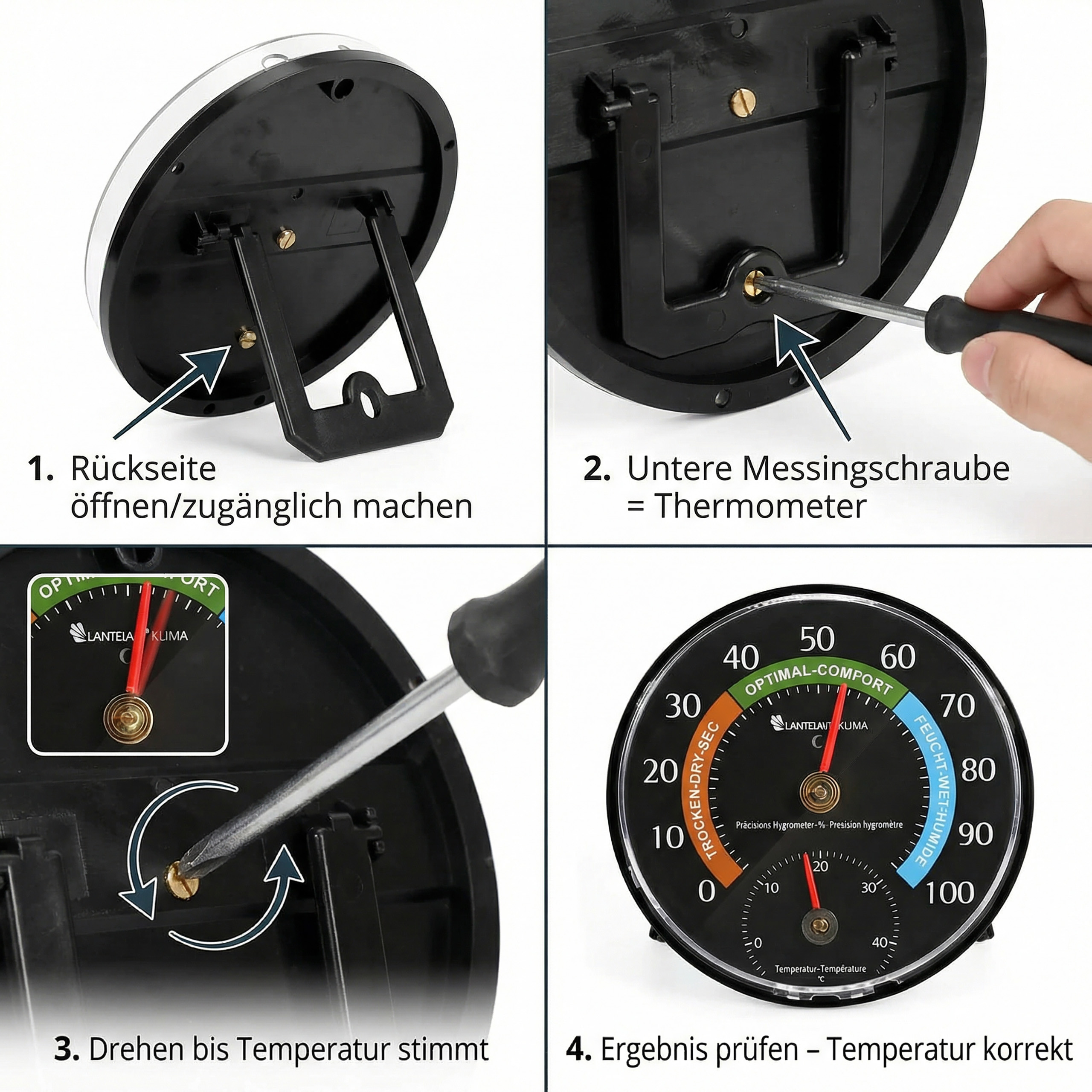 Anleitung zur Kalibrierung eines Hygrometers mit Schraubendreher und Lupe.