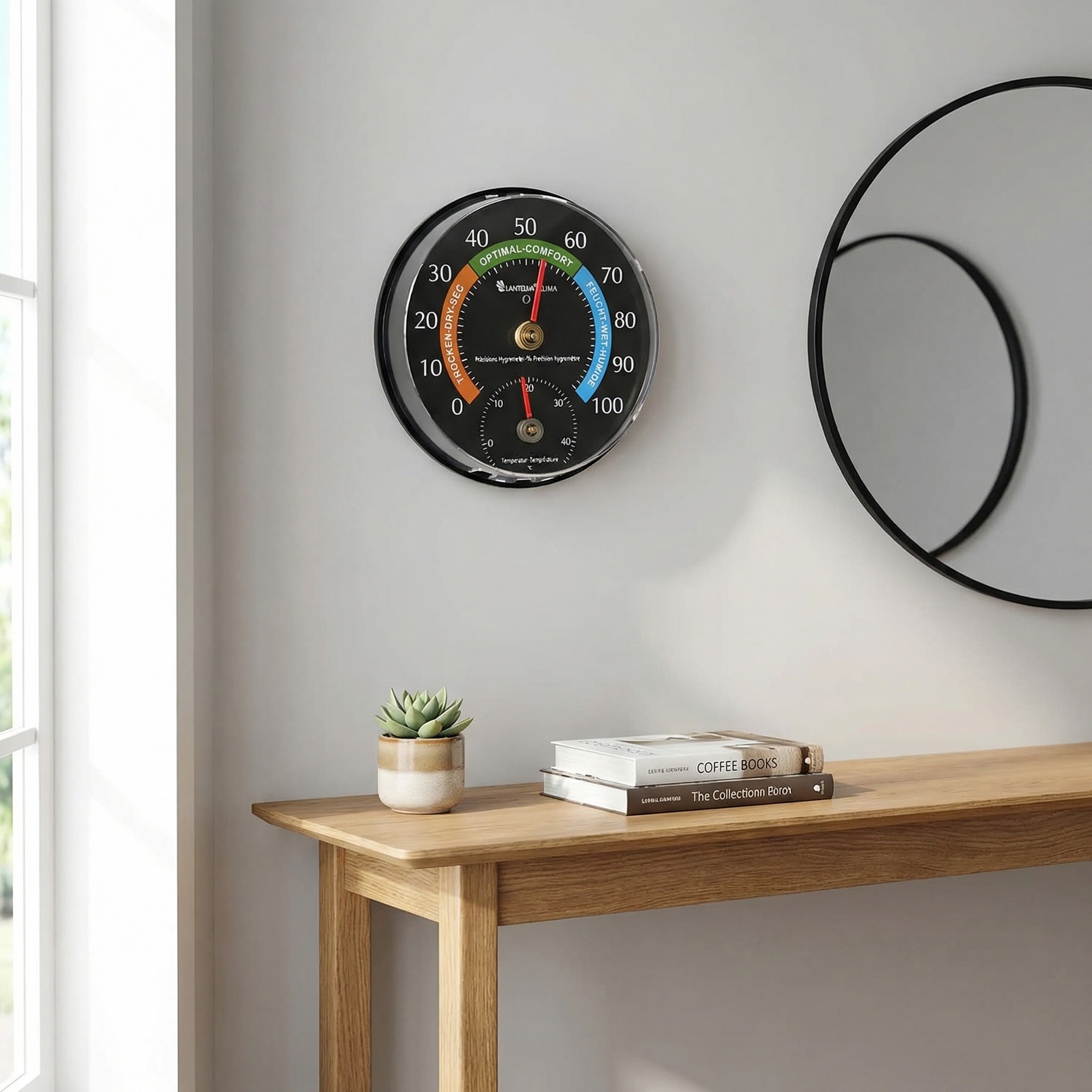 Ein Thermometer und Hygrometer hängt an einer Wand über einem Holztisch mit Büchern und einer Pflanze.