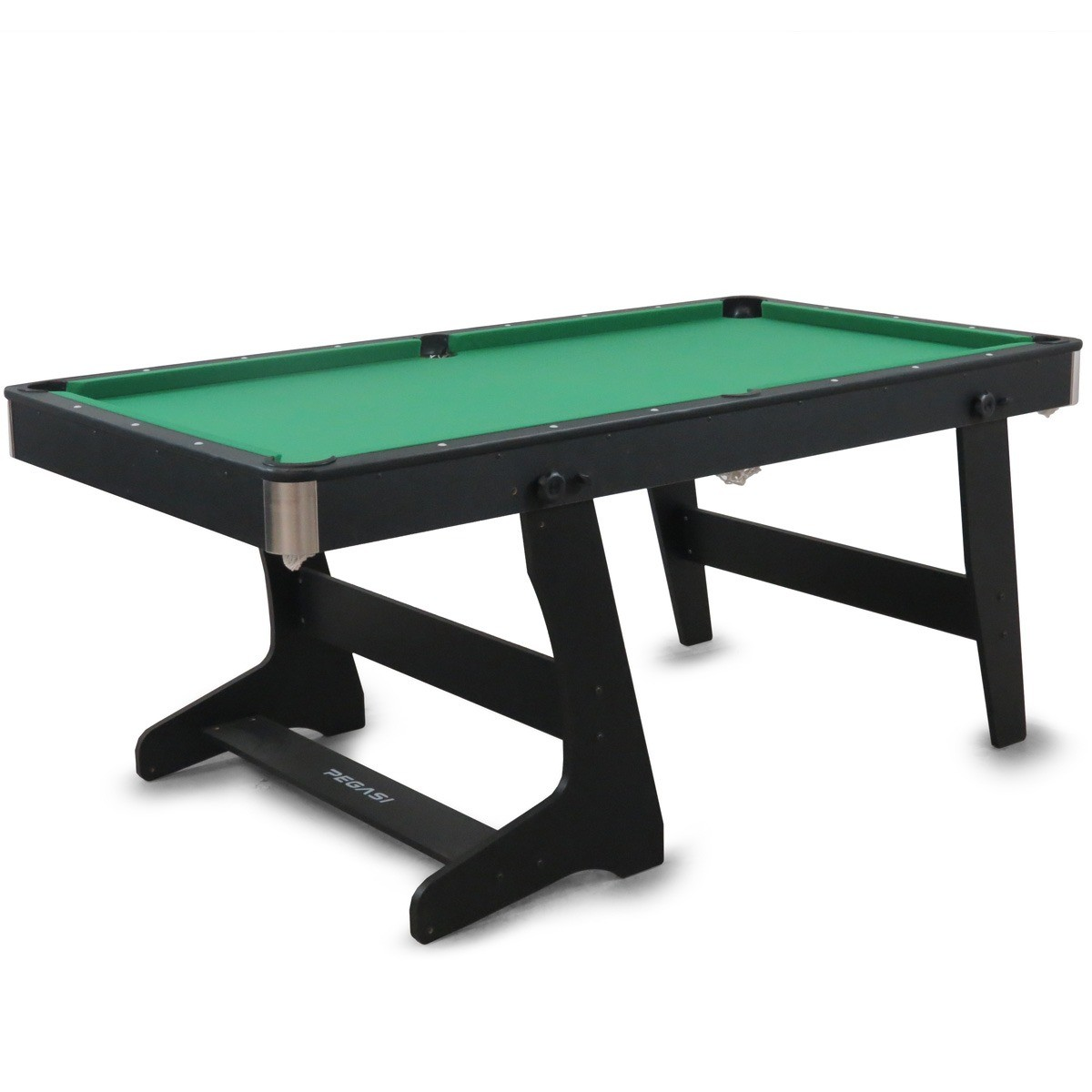 Een zwarte biljarttafel met groen vilt en stevige poten.