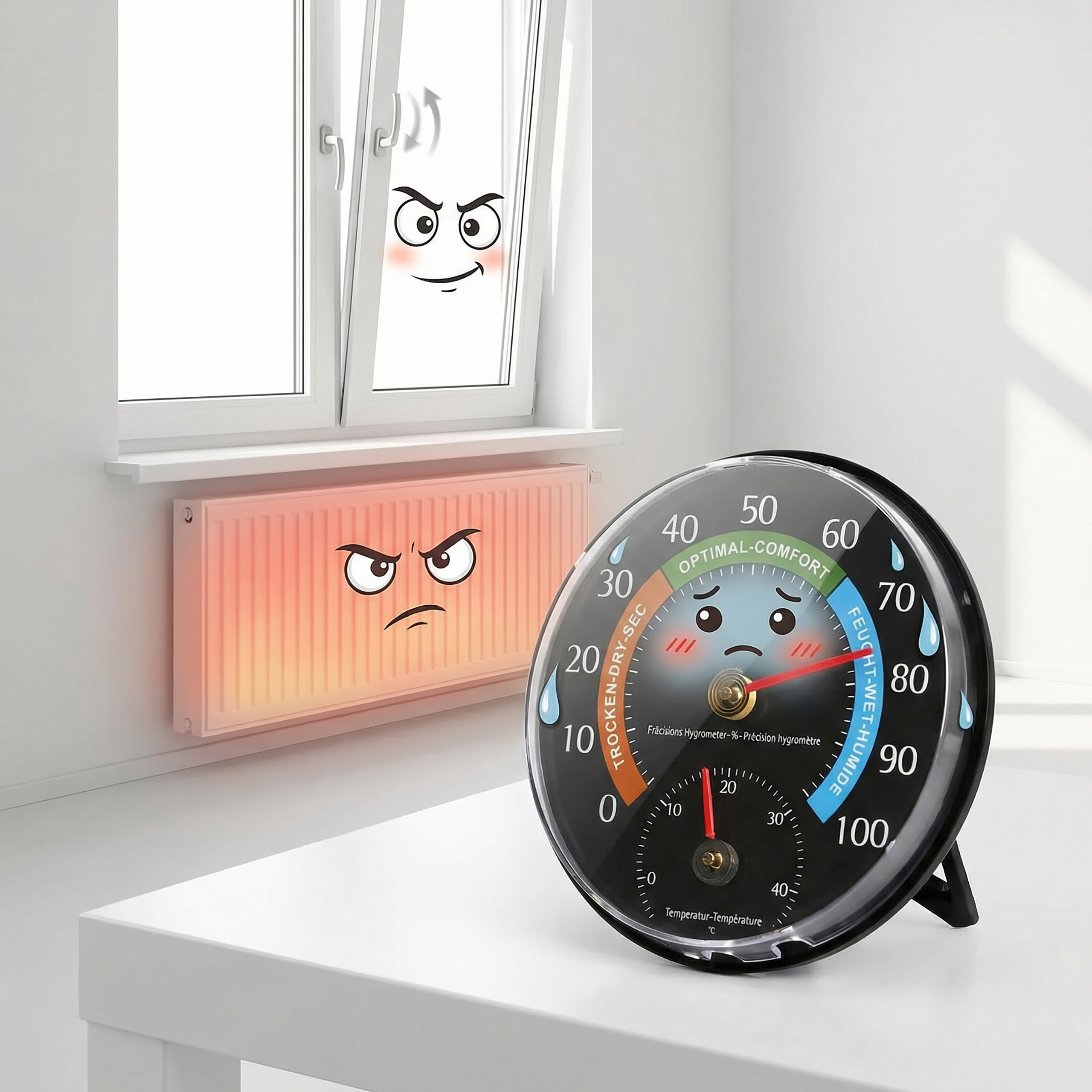 Ein Thermometer-Hygrometer zeigt feuchte Luft an. Ein Heizkörper und ein Fenster mit Gesichtern sind zu sehen.