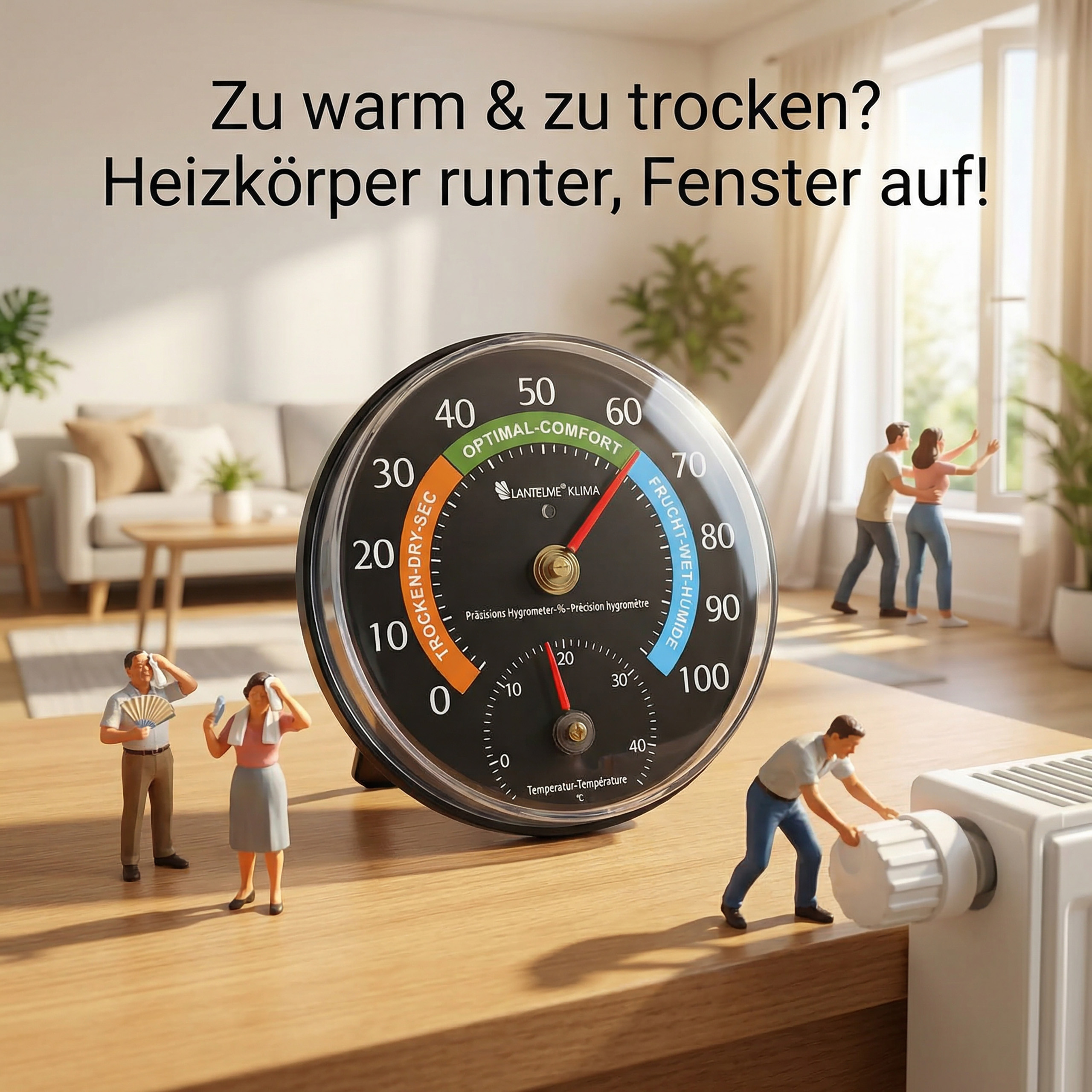 Ein Hygrometer zeigt zu trockene Luft an. Eine Frau und ein Mann schwitzen.