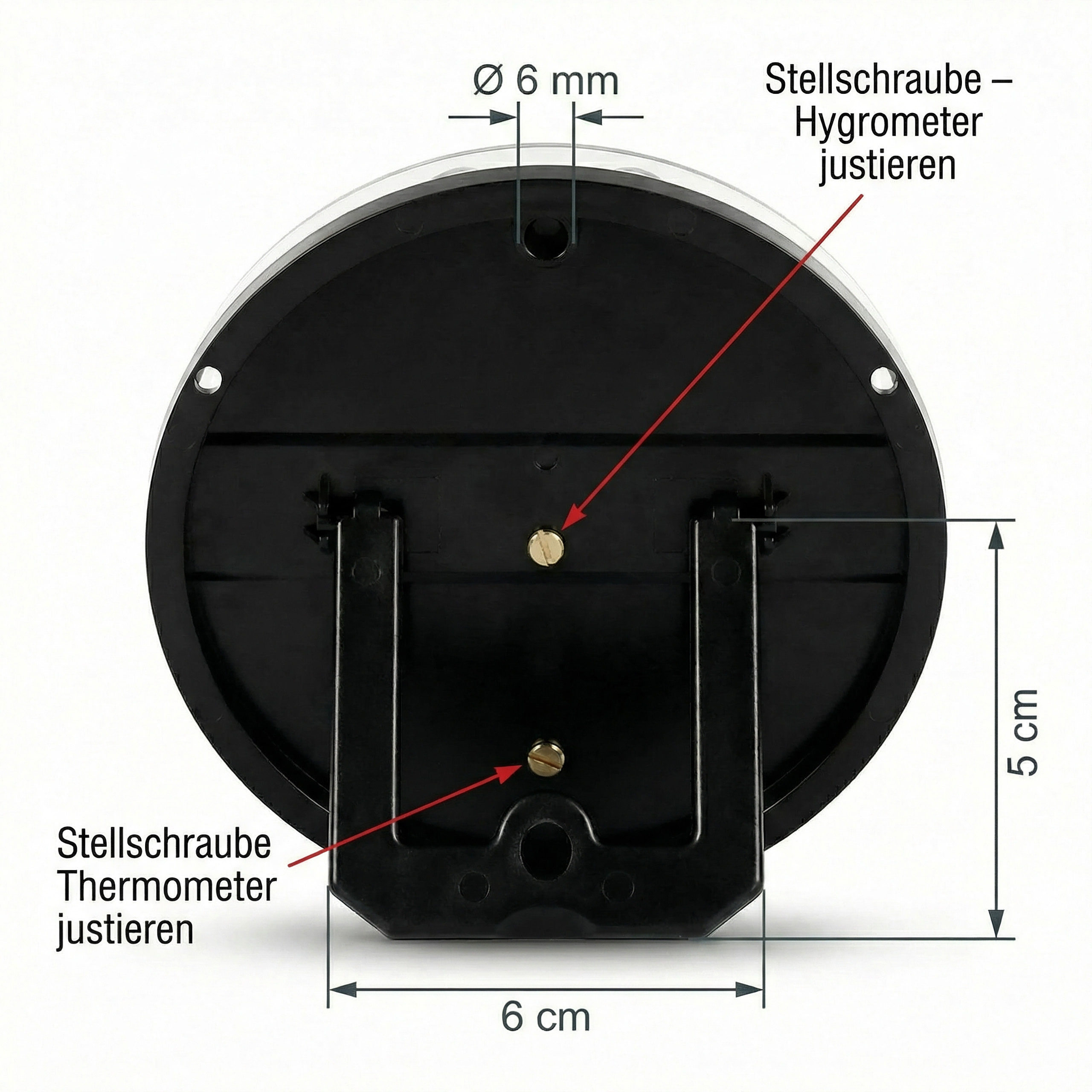 Rückseite eines Thermometers/Hygrometers mit Maßen 6cm breit, 5cm hoch.