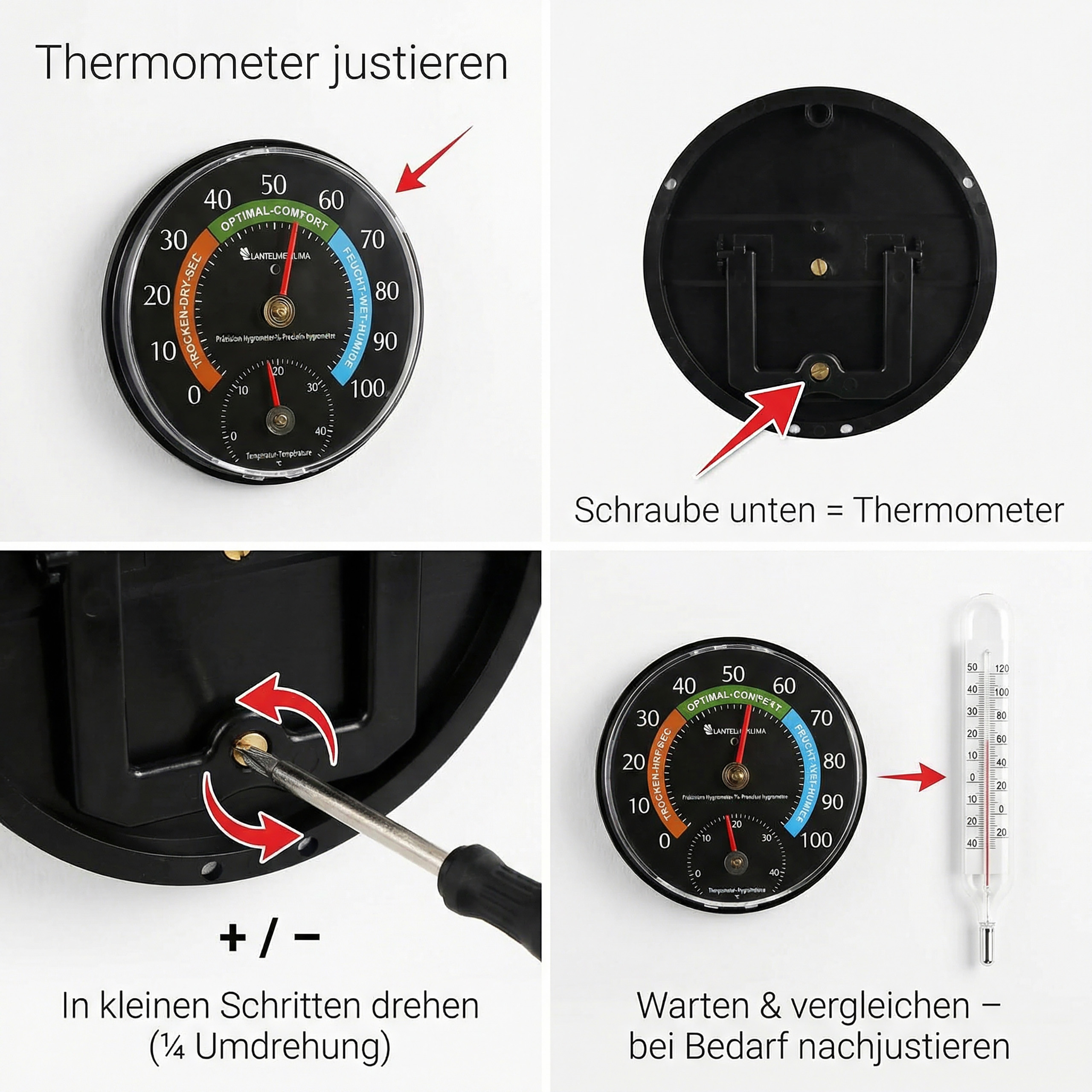 Anleitung zur Thermometerjustierung mit Schraube und Vergleichsthermometer.
