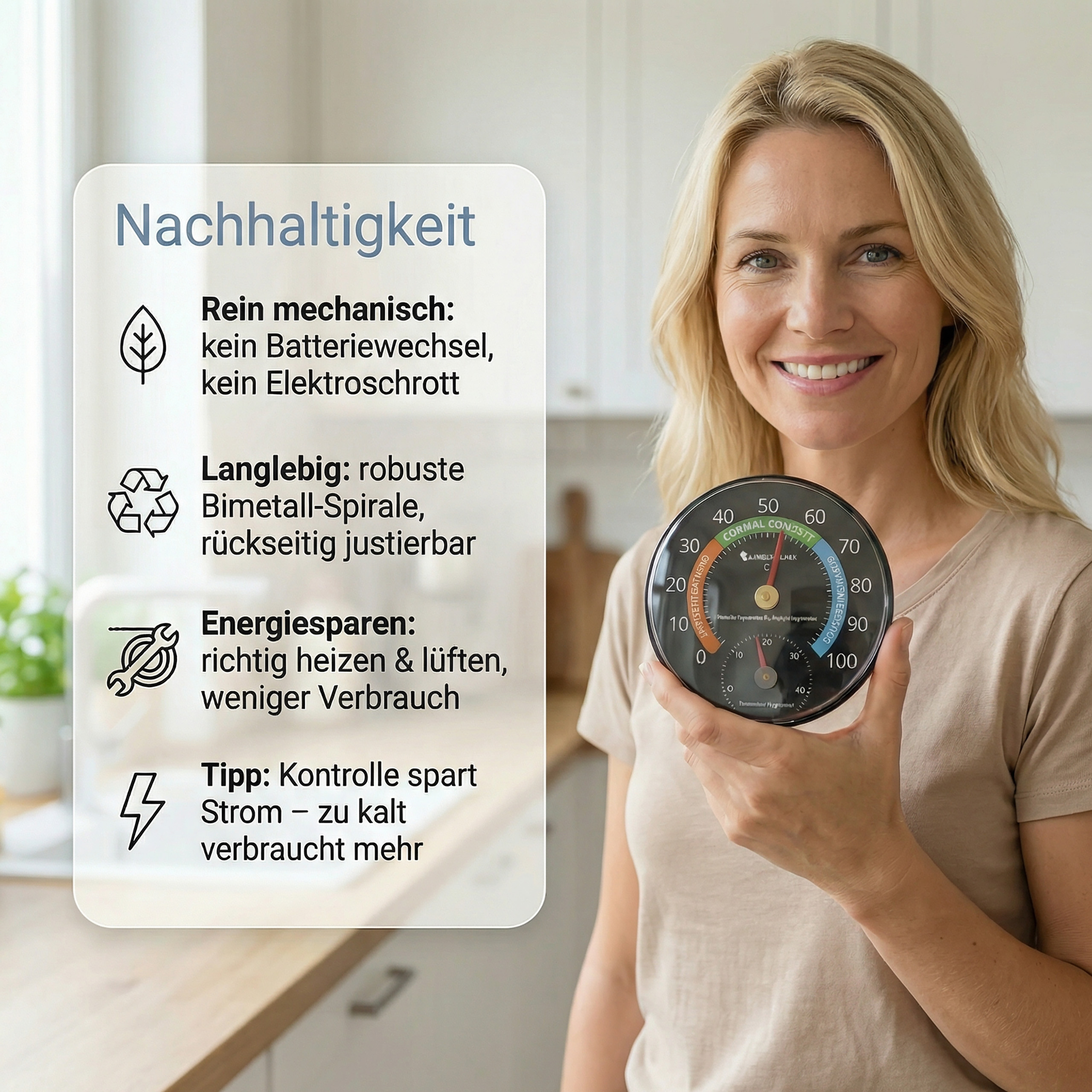 Frau hält ein Thermometer-Hygrometer mit Beschriftung zur Nachhaltigkeit.