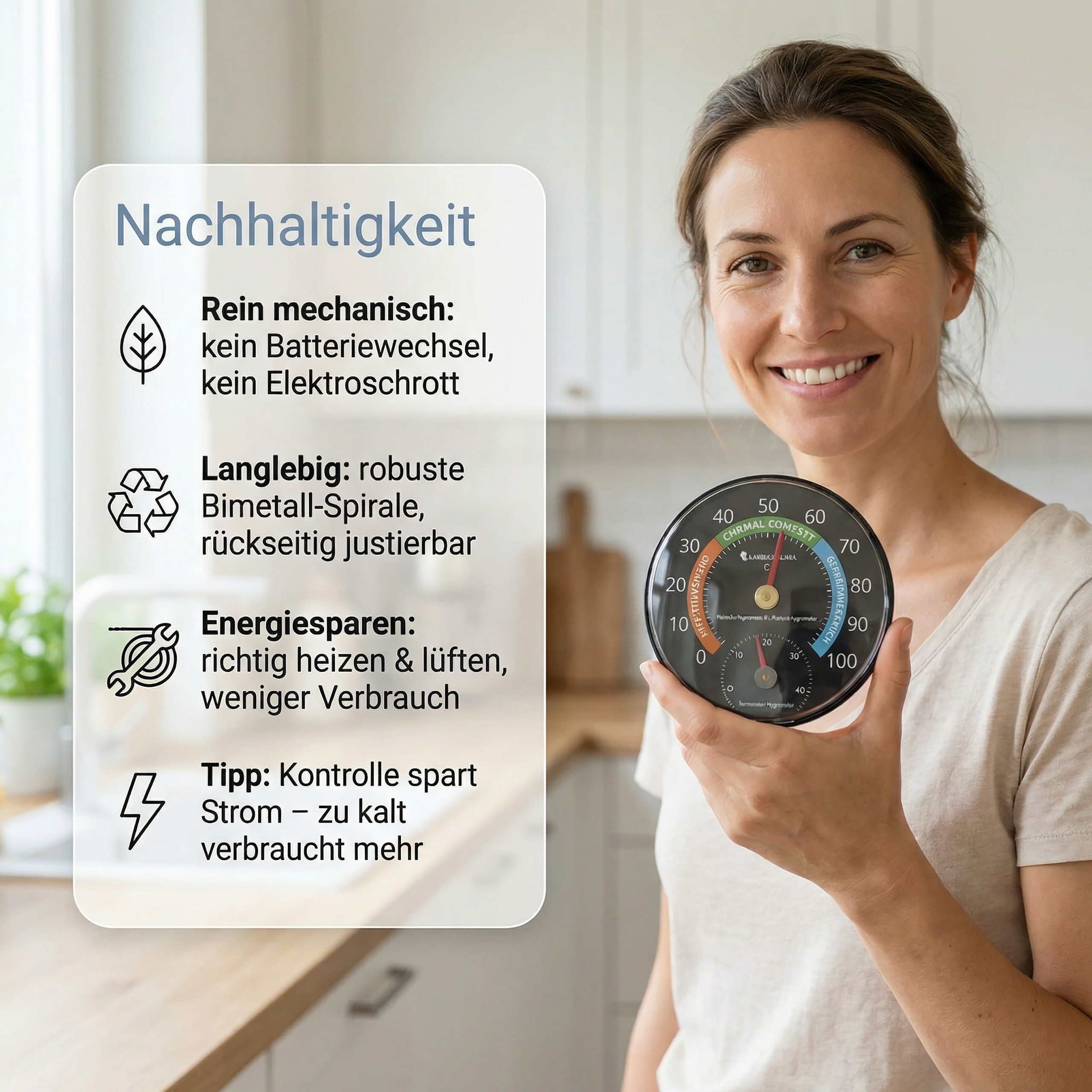 Frau hält ein Hygrometer mit Anzeige von mechanischer Nachhaltigkeit, Langlebigkeit und Energiesparen.