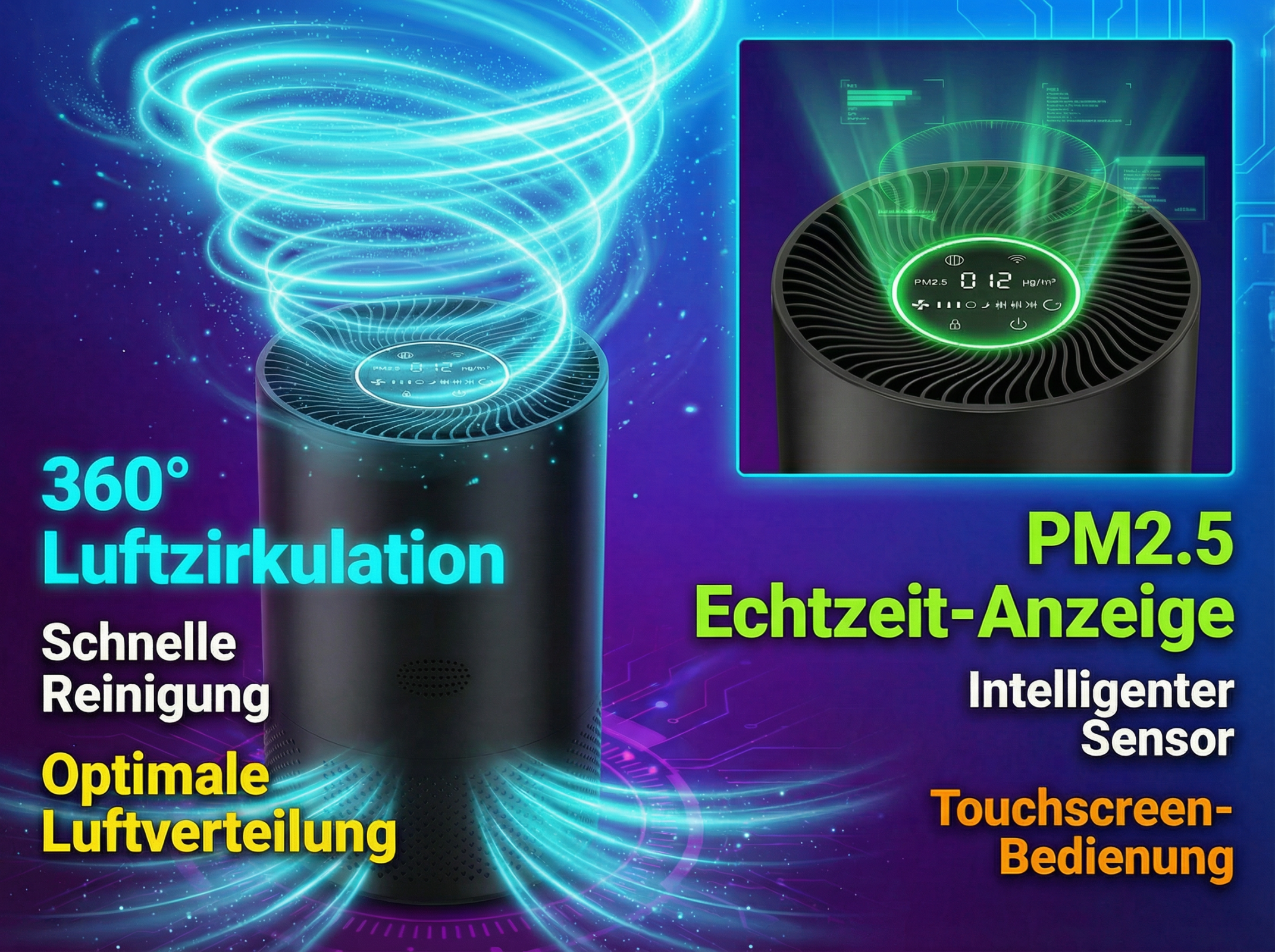 Luftreiniger mit 360° Zirkulation, PM2.5-Anzeige und Touchscreen.