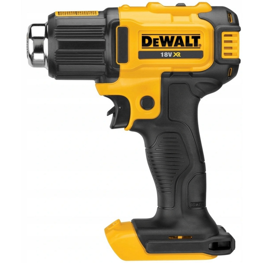 Żółty i czarny bezprzewodowy pistolet na gorące powietrze DeWalt 18V XR.