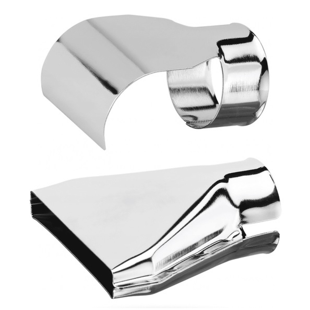 Dwa błyszczące metalowe części, jedno zakrzywione, drugie prostokątne.