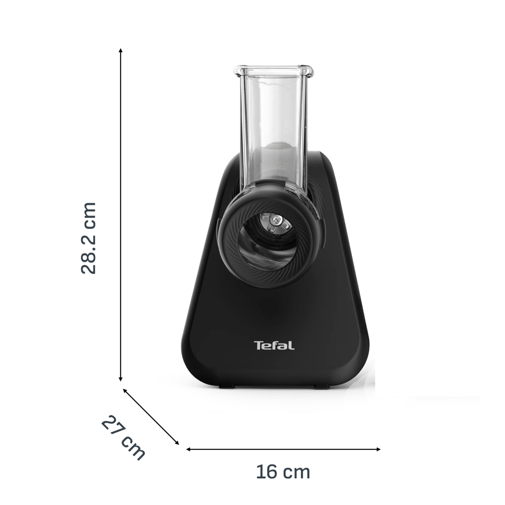 Schwarzer Tefal-Küchenreibe mit transparentem Einfülltrichter und Messungen.
