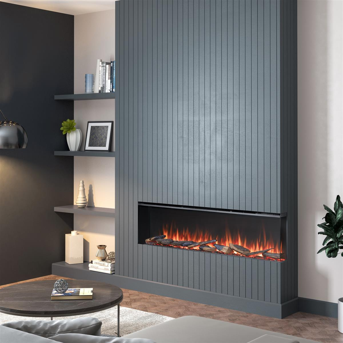 Ein modernes Wohnzimmer mit einem grauen Holzkamin und realistischer Flamme.