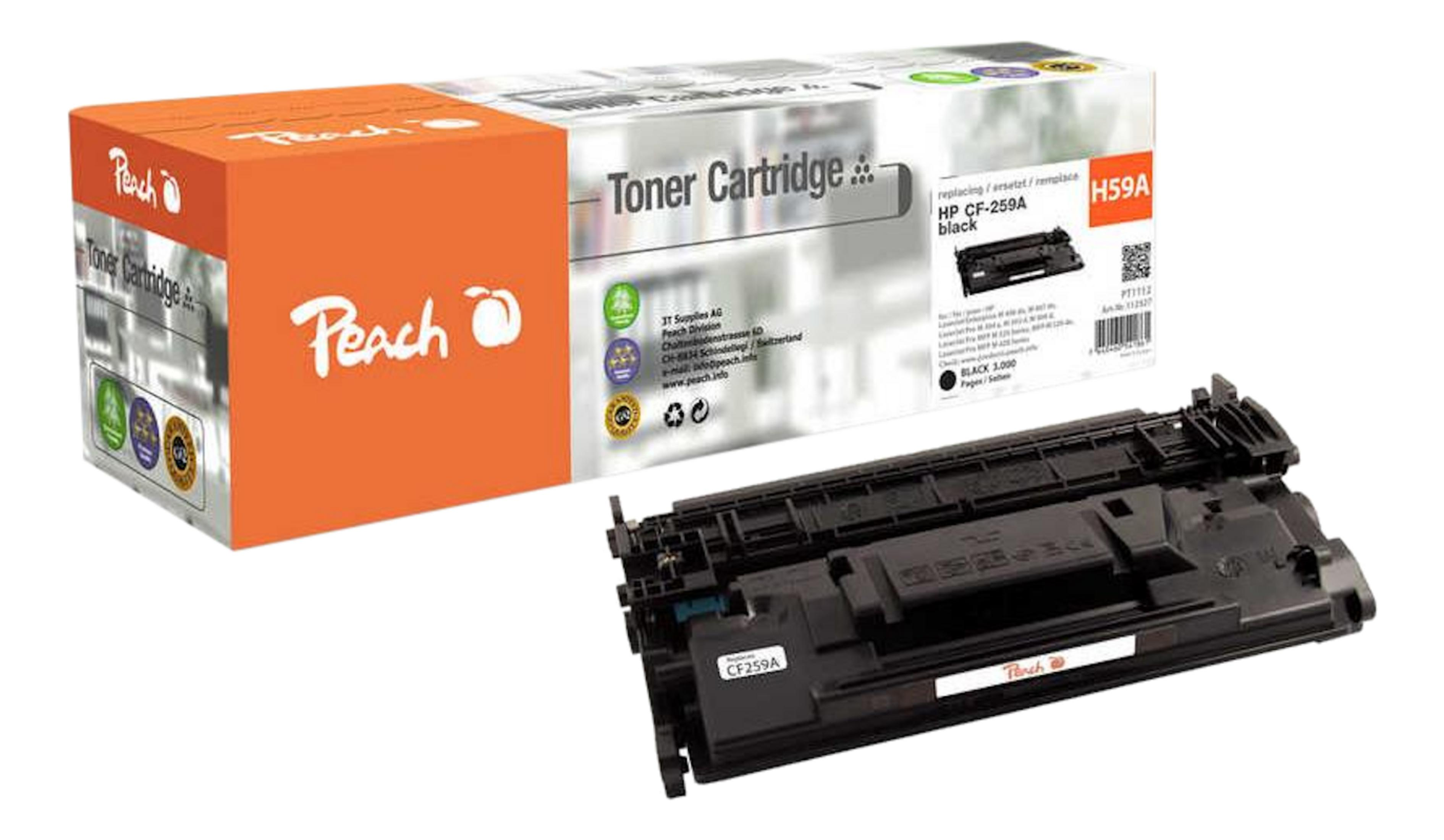 Cartuccia toner Peach H59A per HP CF-259A nero accanto alla sua confezione.
